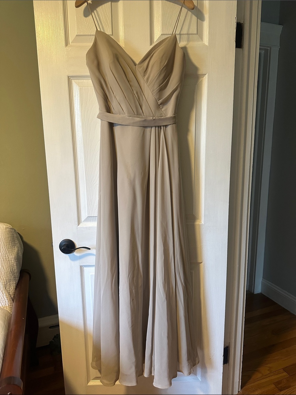 Kleinfeld Strapless Chiffon Evening Gown in Light Taupe